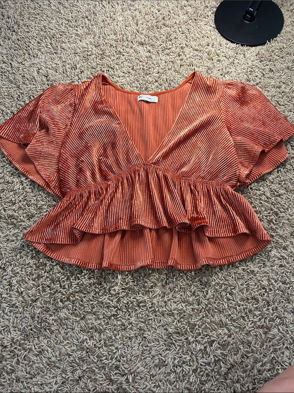 Urban Outfitters Rust Orange Velvet Pleated V‑Neck Peplum Crop Top